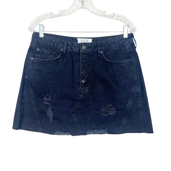 Free People We The Free Black Distressed Jean Skirt 100% Cotton Button Fly Mini - Picture 4 of 10